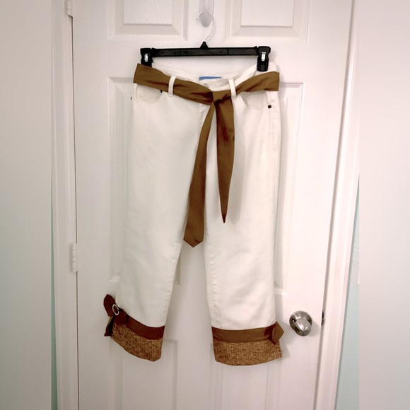 White Denim Tailor Capri’s with Satin sash & Satin Bows - Picture 1 of 16